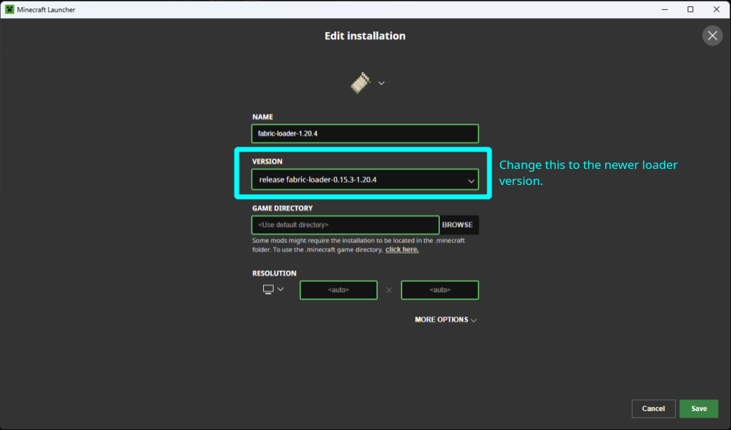 Обновление версии загрузчика Fabric в лаунчере Minecraft
